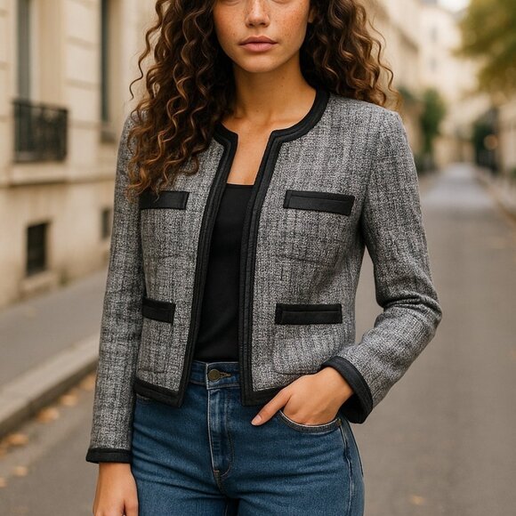 MICHAEL KORS Boucle Tweed Crop Blazer 10 Jacket Grosgrain Ribbon Black Blue - Picture 3 of 16